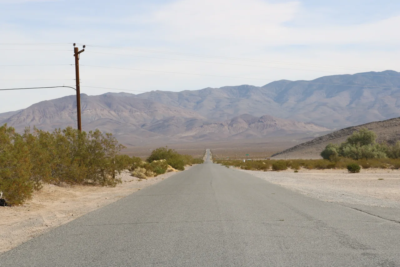 The road and desert landscape near Crystal Nevada