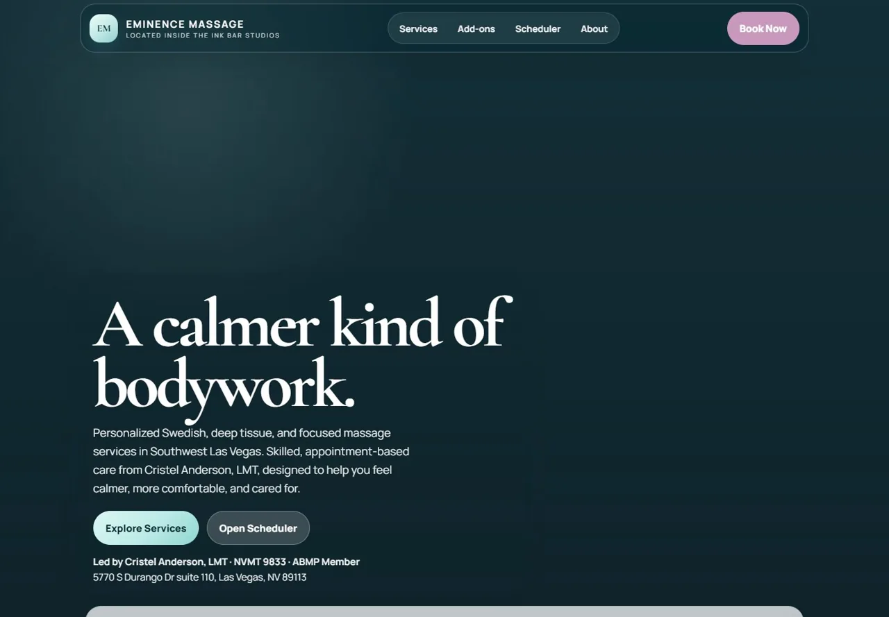 Eminence Massage Las Vegas website captured in October 2026