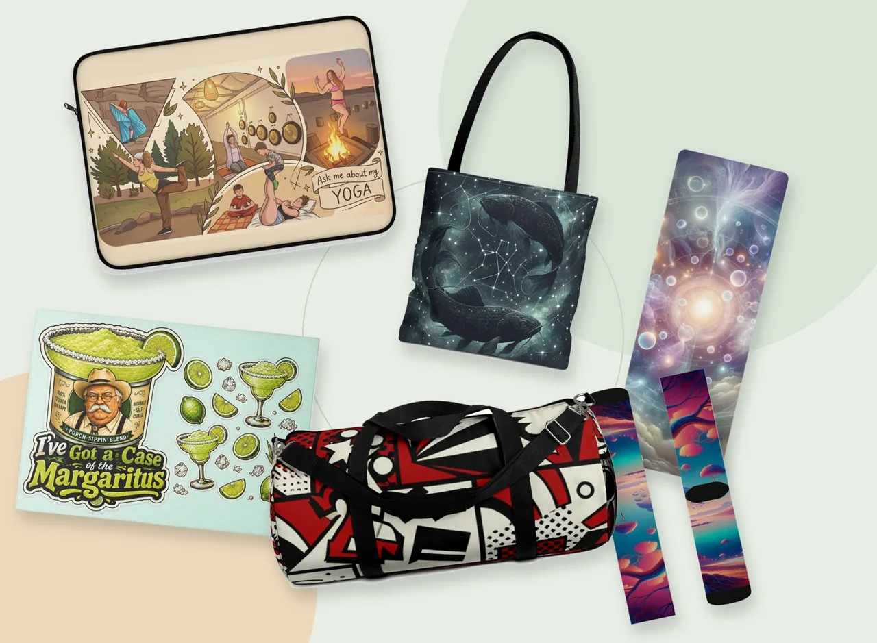 For Sheezy product collage with laptop sleeve, tote, duffle, yoga mat, cutting board and socks